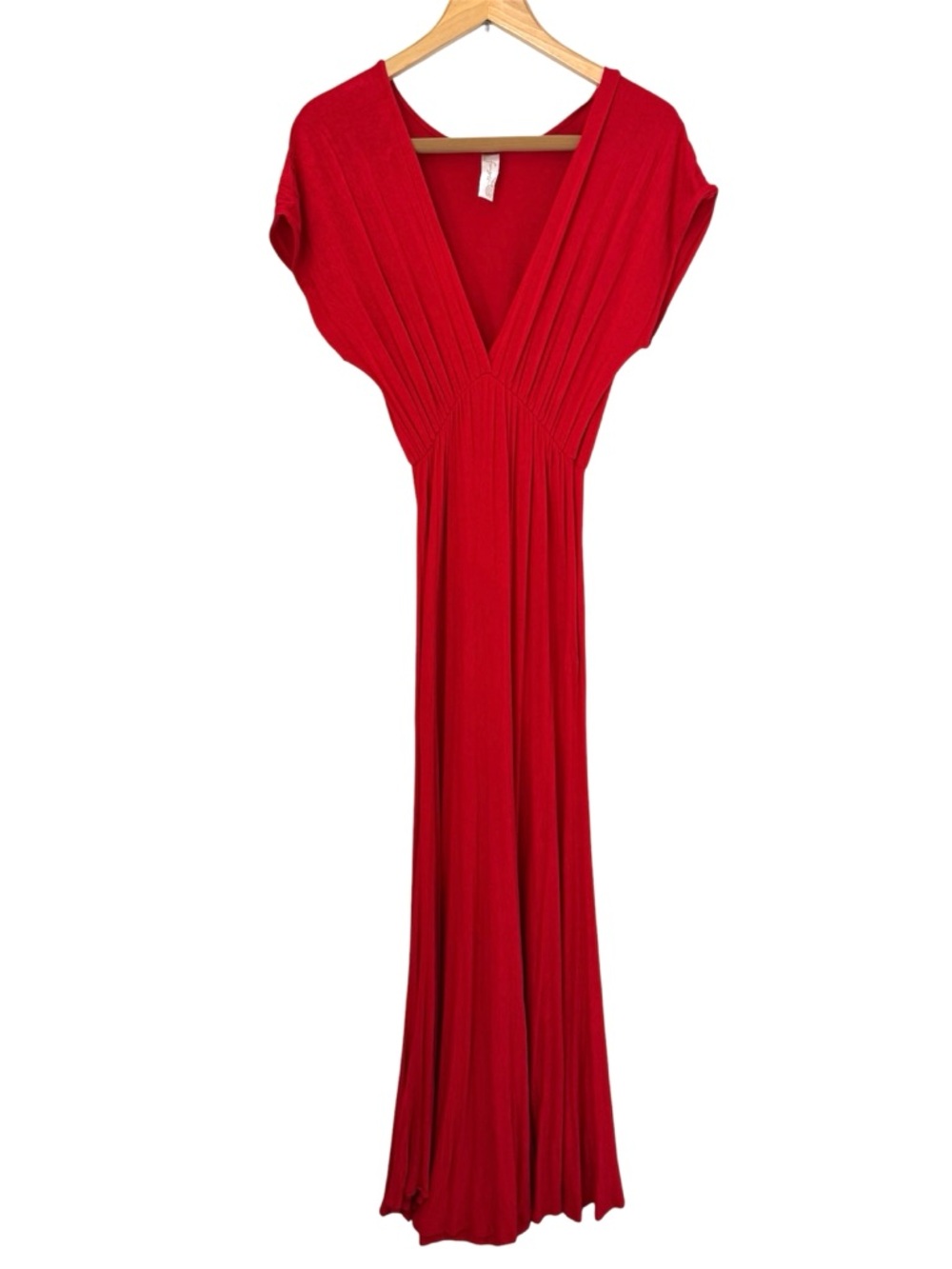 Frenzii Deep V-Neck Maxi Dress Cap Sleeves Red Wedding Prom
